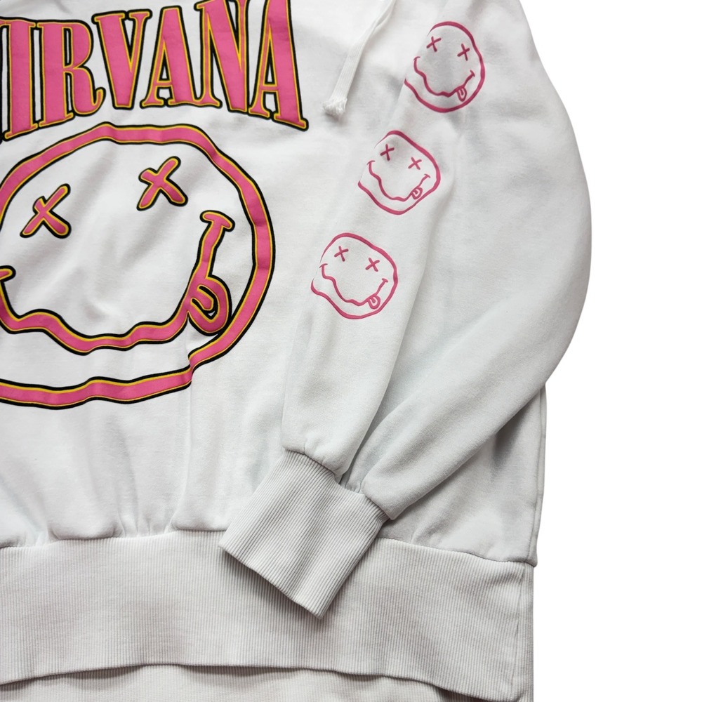 H&M Nirvana Womens Hoodie White Pink Smiley Face Graphic Cotton Blend Fleece L - Picture 6 of 12